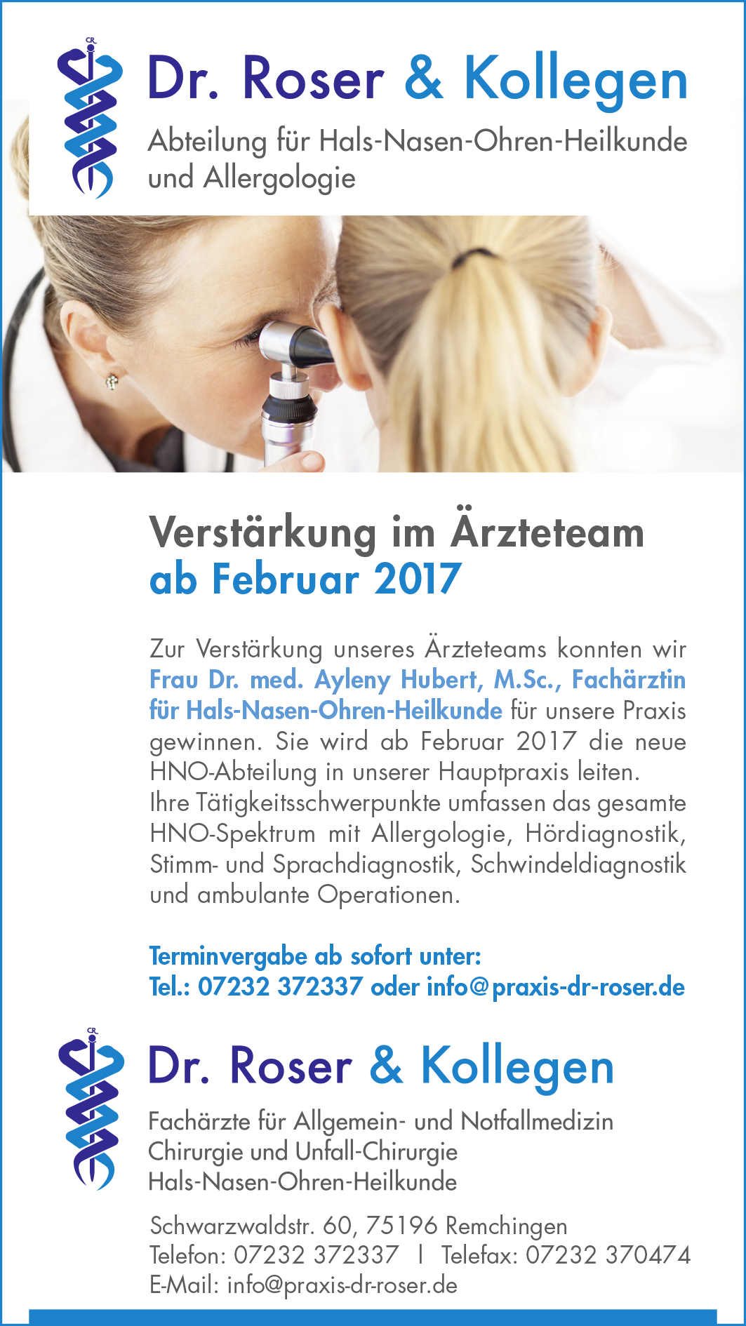 Dr. Roser & Kollegen | Neue Fachärztin für HNO-Heilkunde